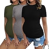 Ekouaer Womens Maternity Shirts Short Sleeve 3 Packs Crew Neck Pregnancy Tee Tops Tunic Blouse Soft Mama Clothes S-XXL