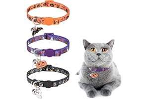 DILLYBUD 3 Pack Halloween Breakaway Cat Collars with Bell & Charm-Holiday Cat Collar for Girl Boy Cats with Safety Buckle- Cute Pumpkin Skull Kitten Collar Adjustable 8"-12" for Kitty Puppy Small Pets