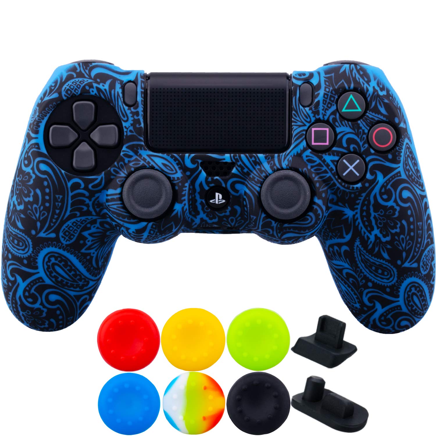 9CDeer 1 Piece of SiliconeTransfer Print Protective Cover Skin + 6 Thumb Grips & Dust Proof Plugs for PS4/Slim/Pro Controller Foliage Blue