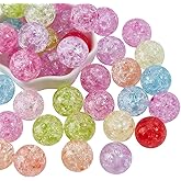 PONABEADIY 40PCS 20MM Acrylic Crackle Round Beads with Center Drilled Purple Pink Orange Yellow Assorted Transparent Spacer Loose Bead Charm Bulk for Jewelry Making Necklace Bracelet DIY Craft Supply
