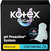 Kotex BioCare Ultra Thin Pads, Wings, Regular, 28 Count | pH Balanced Pad, Gravity Core, 5X System with LeakShield Protection, Made Without Fragrance, Clean &amp; Dry Feel