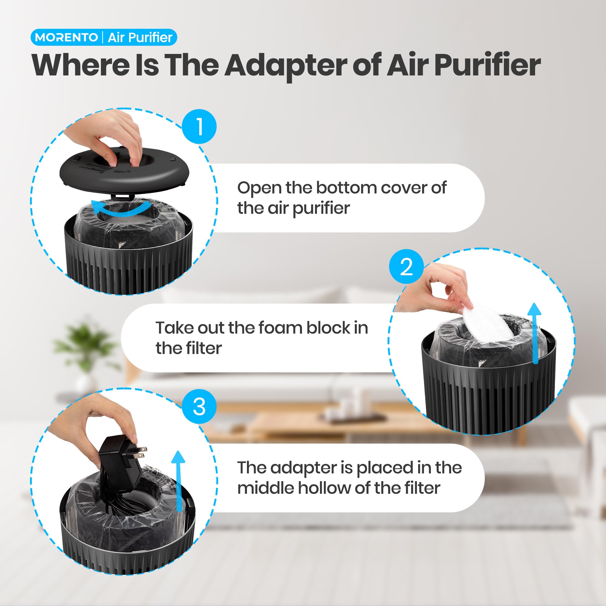MORENTO Air Purifiers for Home, Air Purifier for Smoke Pet Dander Odors with Fragrance Sponge, Small Air Purifier with Sleep Mode for Bedroom Office, Blue Ambient Light, MR2566, Black, 1 Pack+3 Modes