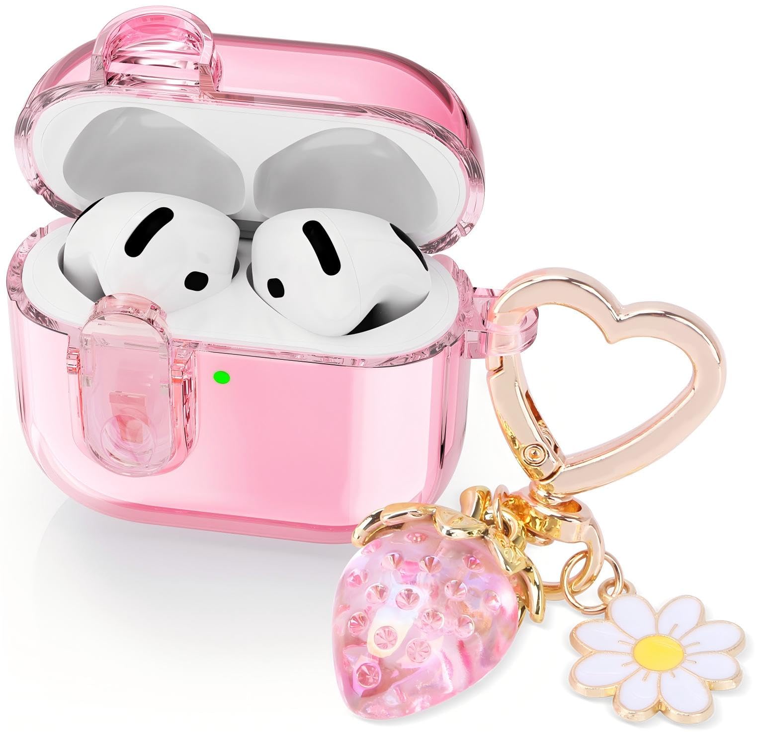 Photo 1 of (with Safety Lock) Clear Case Compatible with Airpods 4 Cases 2024 Women, Cute Soft TPU Transparent AirPods 4th Generation Cases iPods 4 Earbuds Case Girl Strawberries Keychain for Airpod iPod 4th Gen