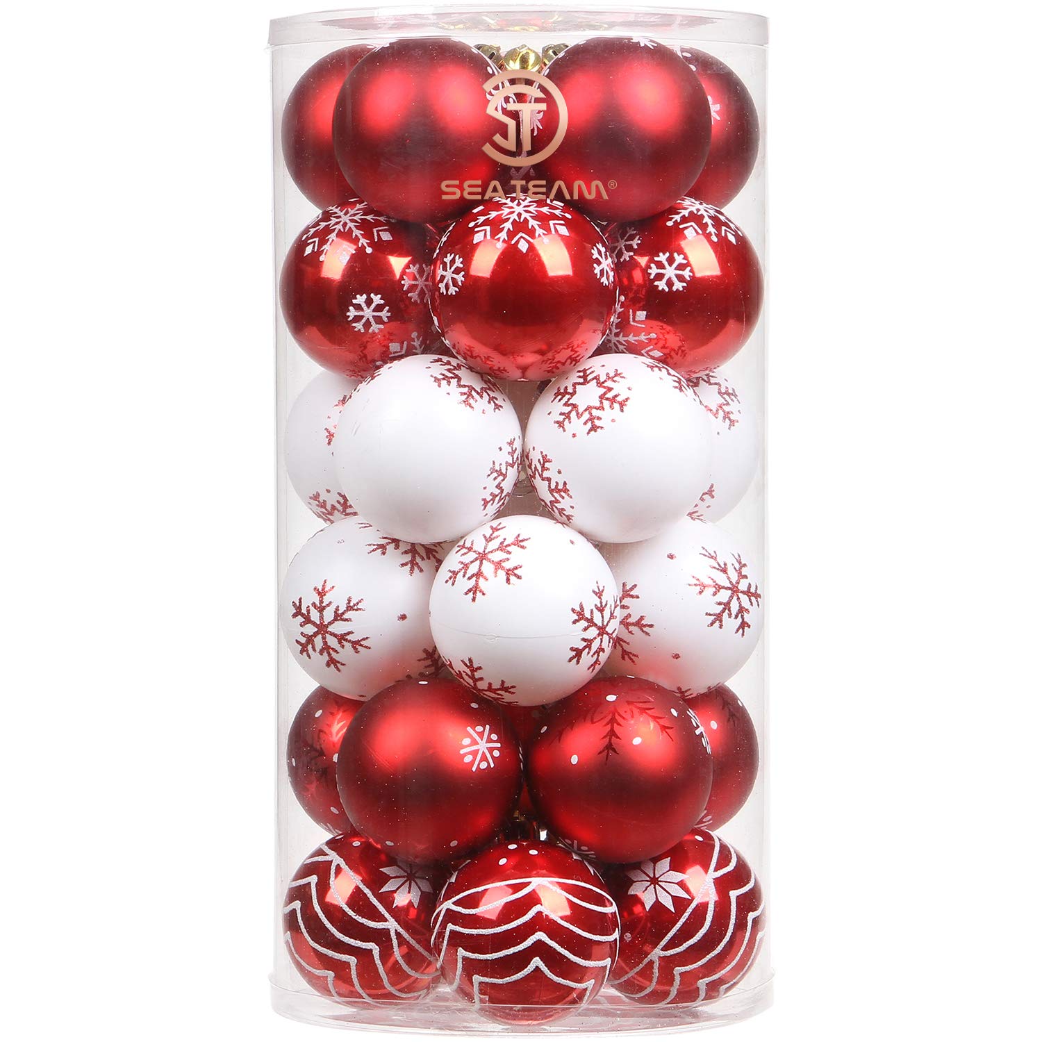 Sea Team Sparkly Coloured Painted Ornaments and Hanging Baubles Set for Christmas Tree, Plastic, Red and White, 60 mm, 2.36 30 Pieces