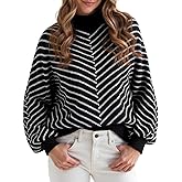 Upopby Women's Striped Fall Winter Sweaters for Women Trendy Turtleneck Lantern Sleeve Knitted Pullover Sweater Jumper Tops
