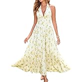 GLNEGE Women's Summer V-Neck Long Dress Casual Halter Wedding Guest Dresses Boho Flowy Smocked Sundress 2025