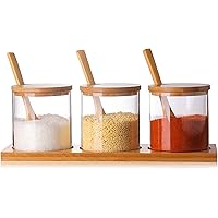 Condiment Container Seasoning Box Set Glass Condiment Canisters Pots with Wooden Spoon Lid and Base