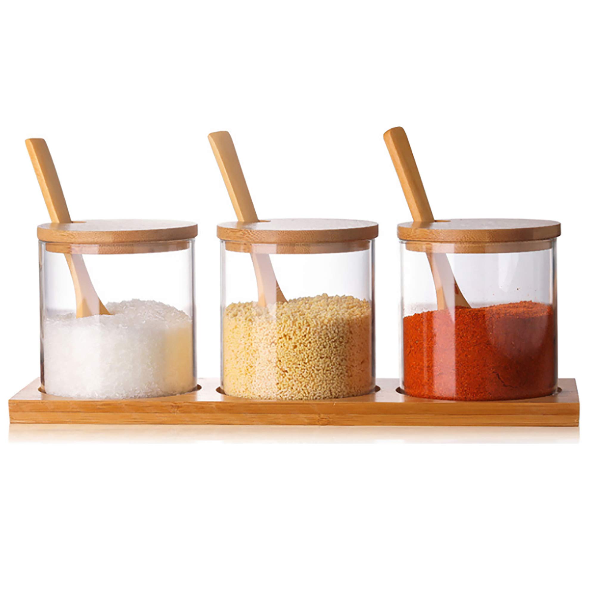 FANTESTICRYAN Glass Tea,Coffee, Sugar Set, Condiment Pots Seasoning Box Containers Sugar Bowls Spice Jar Set with Wooden Spoon Lid and Base
