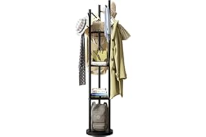 GHWIE Rotary Coat Rack, 3 Tier Freestanding Coat Rack with 9 Hooks and 3 shelves, Great for Hanging hats,scarves,backpacks,Clothes(Black)