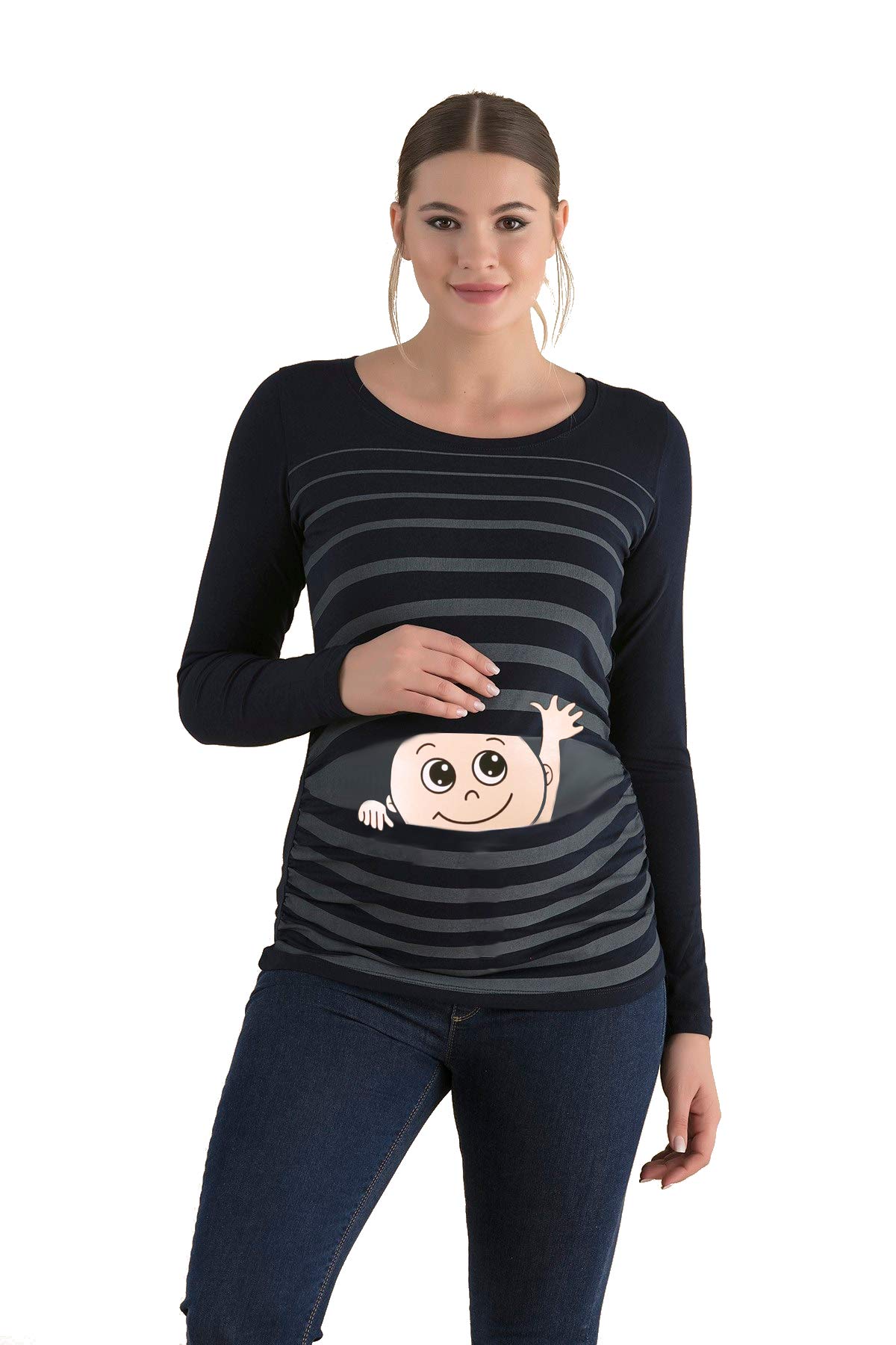 M.M.C. Wave Baby - Women's Maternity Funny Print Tee T-Shirt Top - Longsleeve (Black, Small)
