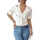SOLY HUX Women's Floral Embroidery Cardigan V Neck Ruffle Short Sleeve Button Down Knitted Sweater Tops