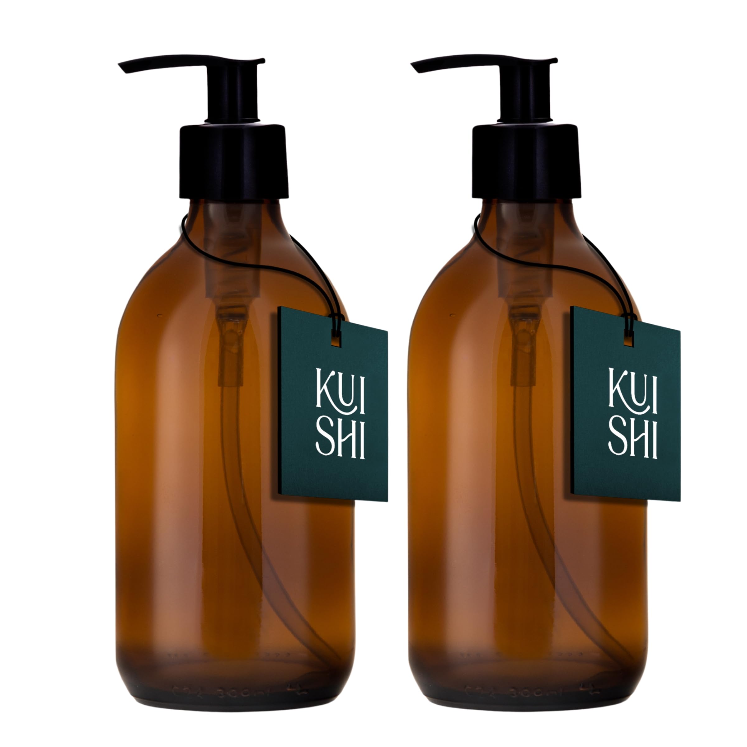Kuishi 300ml Glass Soap Dispenser with Black Plastic Pump - Pack of 2 Refillable BPA-Free Hand Soap Dispenser for Kitchen & Bathroom, Amber