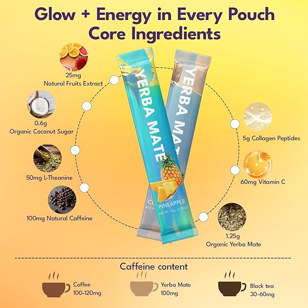 YERBA MATE INSTANT TEA POWDER WITH COLLAGEN & VITAMIN C, CLEAN ENERGY FOR GLOWING SKIN & CRASH-FREE FOCUS, GUT HEALTH, SUPERFOOD BEAUTY DRINK LOW SUGAR CONTENT WITH NATURAL FRUIT EXTRACTS, KETO & PALEO, 30 SERVINGS