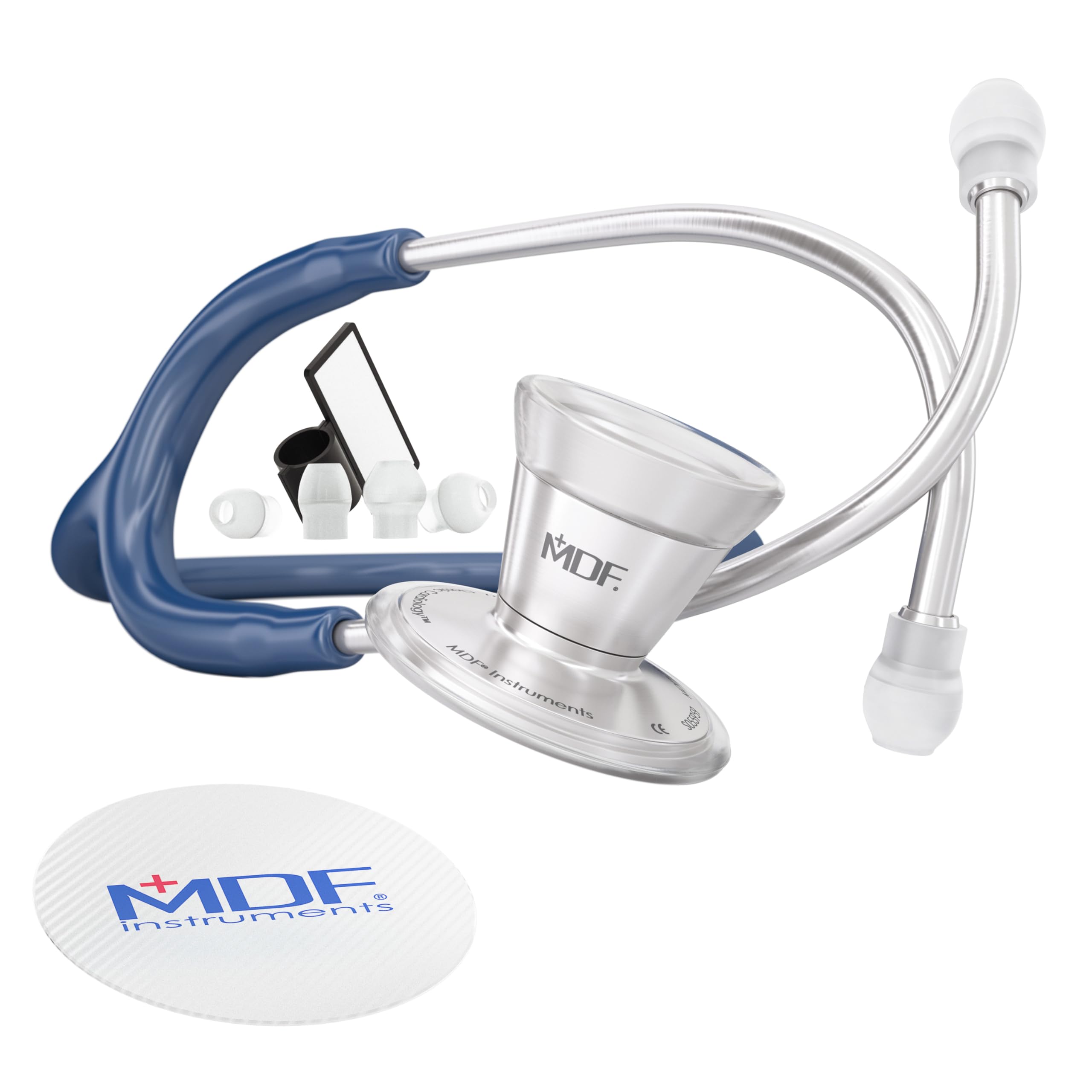 MDF Instruments, ProCardial Cardiology Stethoscope, Stainless Steel, Adult, Dual Head, Dual Head, Navy Blue,Silver Chestpiece-Headset, MDF797-04