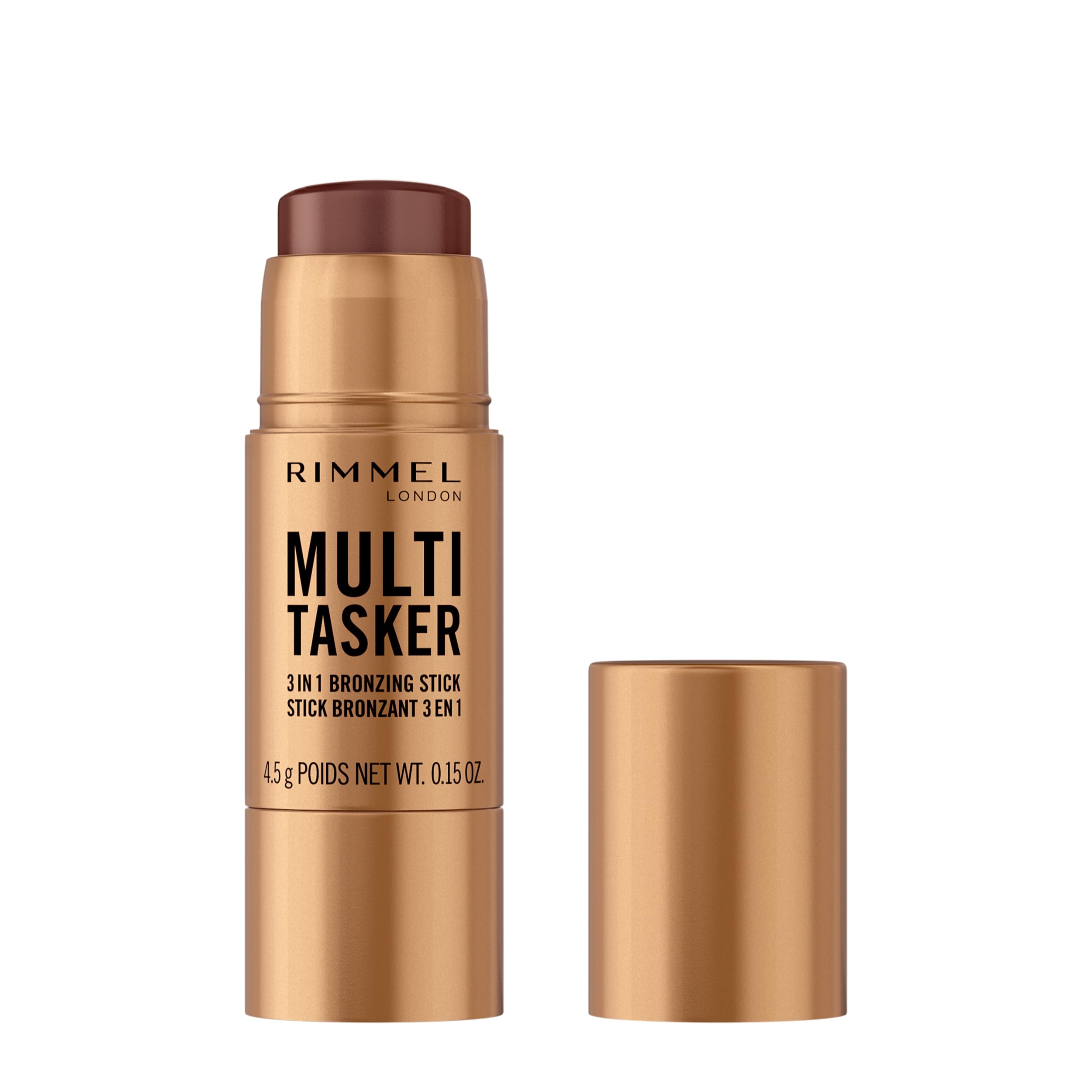 Rimmel Multi Tasker 3 in 1 Bronzing Stick, 004 Deep, Sculpted and Bronzed Glow, All-Day Wear, Sheer and Dewy Finish, Infused with Vitamin C & E, Vegan Formula, Cruelty-Free