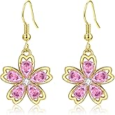 VONSSY Pink Cherry Blossom Necklace Earrings Cubic Zircon Crystal Flower Flora Sakura Pendant 18k Gold Plated Chain Silver Post Stud Jewelry Set Gift for Woman Wife Girlfriend Mom