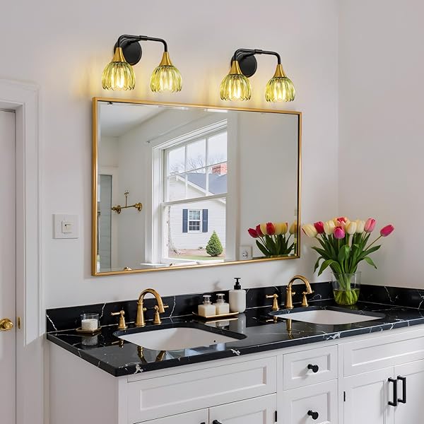 HAHZT BATHROOM VANITY LIGHT FIXTURES: 2-LIGHTS VINTAGE BATHROOM LIGHTS OVER MIRROR WITH RIBBED GREEN TULIP GLASS SHADE – 14 INCH BLACK AND GOLD WALL SCONCE BATH LIGHTING
