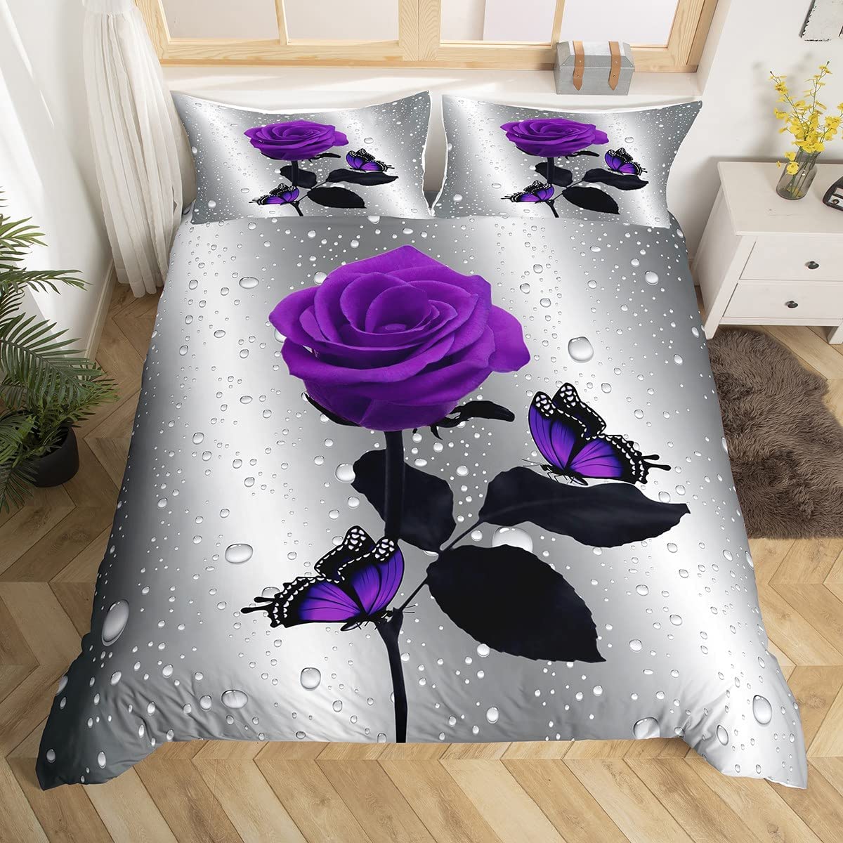 3D Rose Duvet Cover Rose Floral Print Bedding Set Romantic Flowers Comforter Cover for Boys Girls Children Teens Bedroom Decor Purplr Rose Butterfly Bedspread Cover Double With 2 Pillow Case