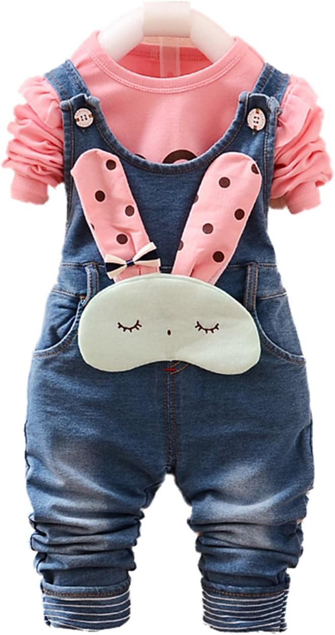 Chumhey Baby & Little Girls Blue Knitted Denim Overalls Pant Sets Bunny Decor