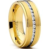 Metal Masters GoldTone Titanium Men's Eternity Wedding Band Ring with Cubic Zirconia CZ, Comfort Fit 8mm