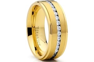 Metal Masters Co. GoldTone Titanium Men's Eternity Wedding Band Ring with Cubic Zirconia CZ, Comfort Fit 8mm