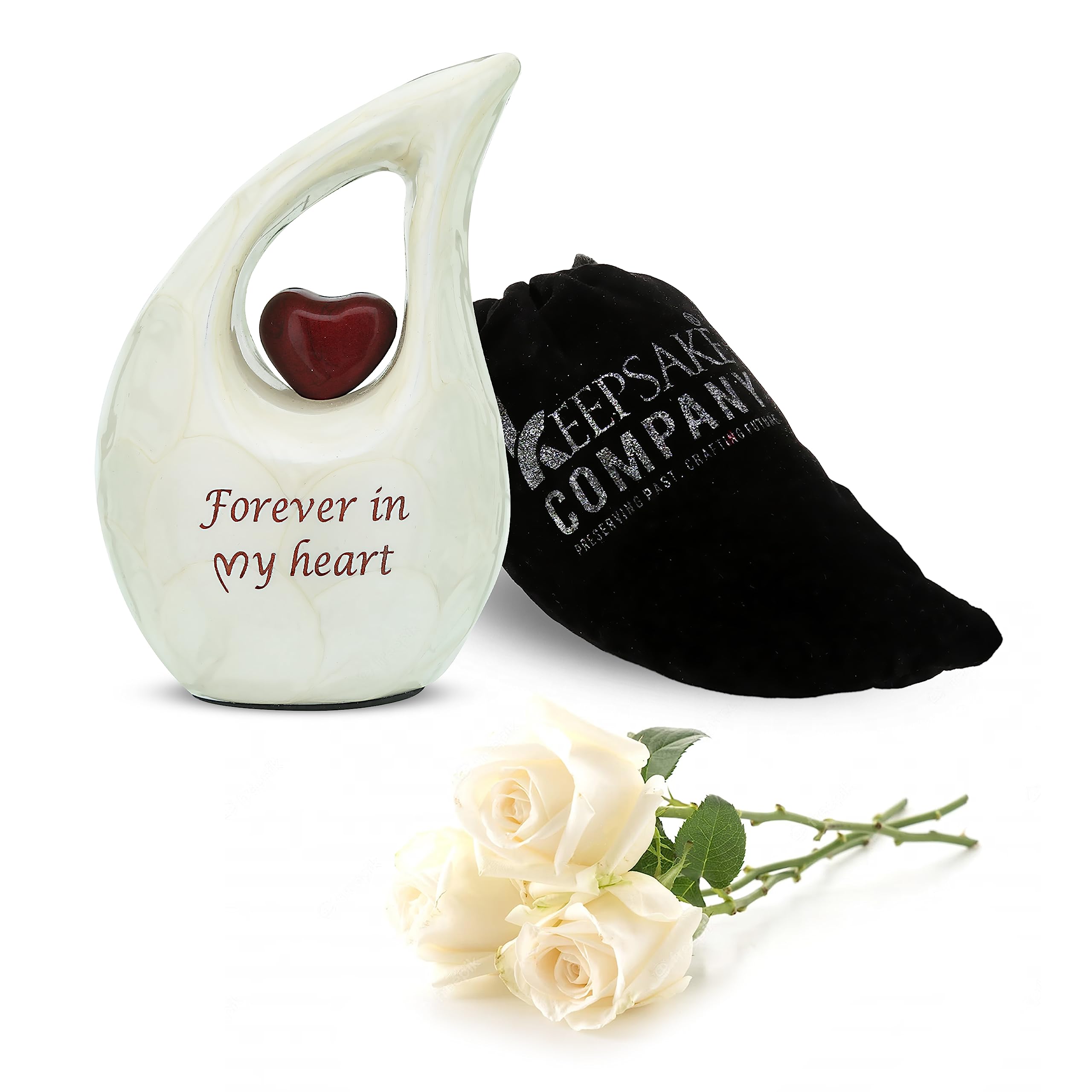 KEEPSAKE COMPANY Teardrop Small Urns for Human Ashes Mini Urn with Red Heart Cremation Keepsakes for Ashes ERN Tiny Little with Premium Velvet Bag,White With Red Heart — image 1