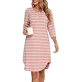 Vlazom Women's Nightgowns Soft Cotton Stripe Nightdress Short Sleeve Night Shirt Sleepwear with Pockets S-XXL
