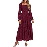 PRETTYGARDEN Wedding Guest Dresses for Women Floral Long Sleeve Smocked Tiered Elegant Long Flowy Boho Dress