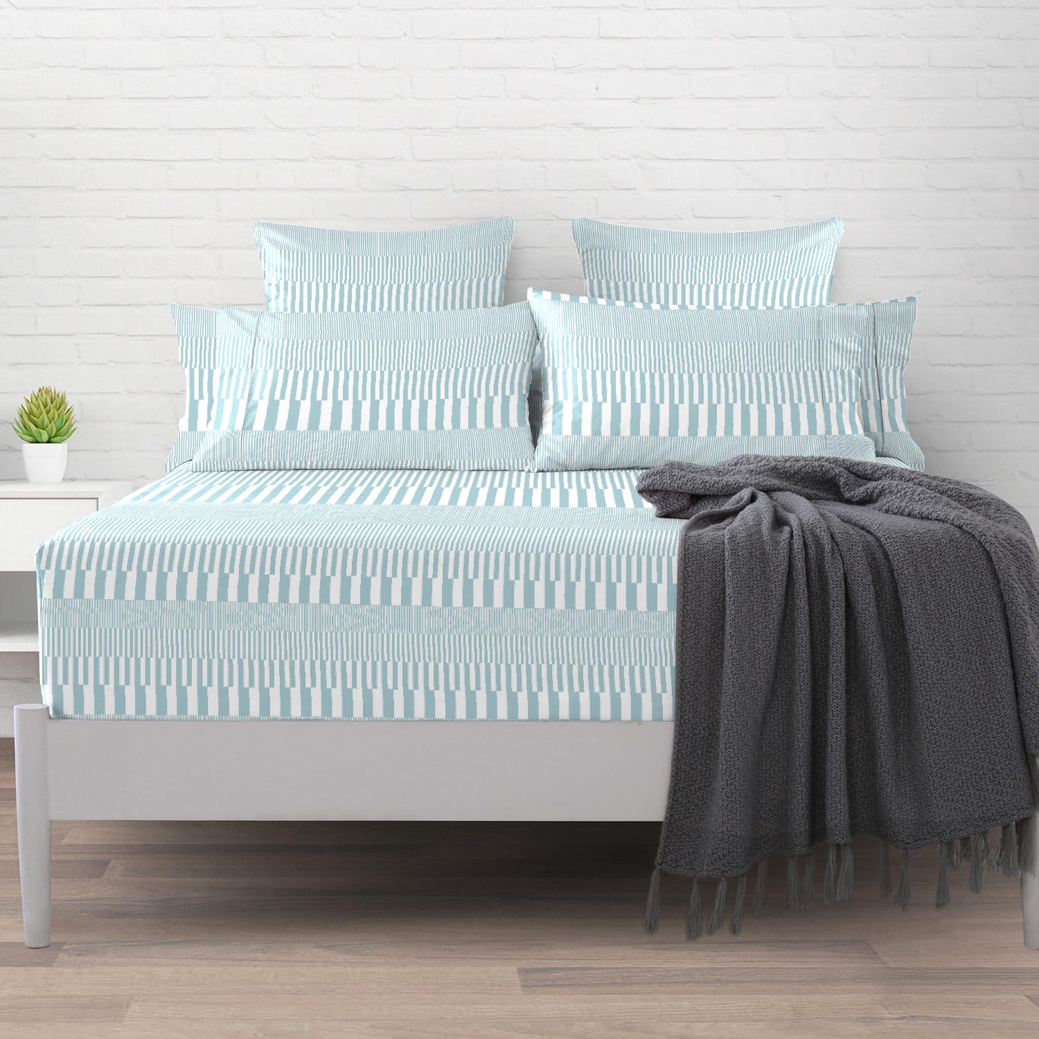 Pizuna 100% Cotton Cascade Stripe Blue Printed Emperor Sheet 200x200, 400 thread Count Long Staple Cotton Fitted Sheet 1 Pc, Sateen 40 cm Deep Pocket (Printed Fitted Sheet Emperor) — image 1