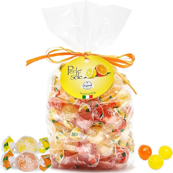PERLE DI SOLE ITALIAN HARD CANDY – ASSORTED ORANGE & LEMON DROPS WITH FIZZY FILLING (17.6 OZ | 500 G) ITALIAN CANDY INDIVIDUALLY WRAPPED – CITRUS CANDY