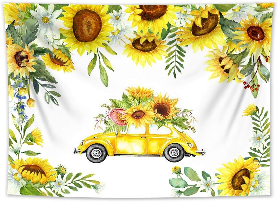 HVEST Sunflower Tapestry Wall Hanging Yellow Flowers with Car Wall Tapestry Nature Floral Sunflower Backdrop for Bedroom Room Dorm Party Decor, 60Wx40H inches