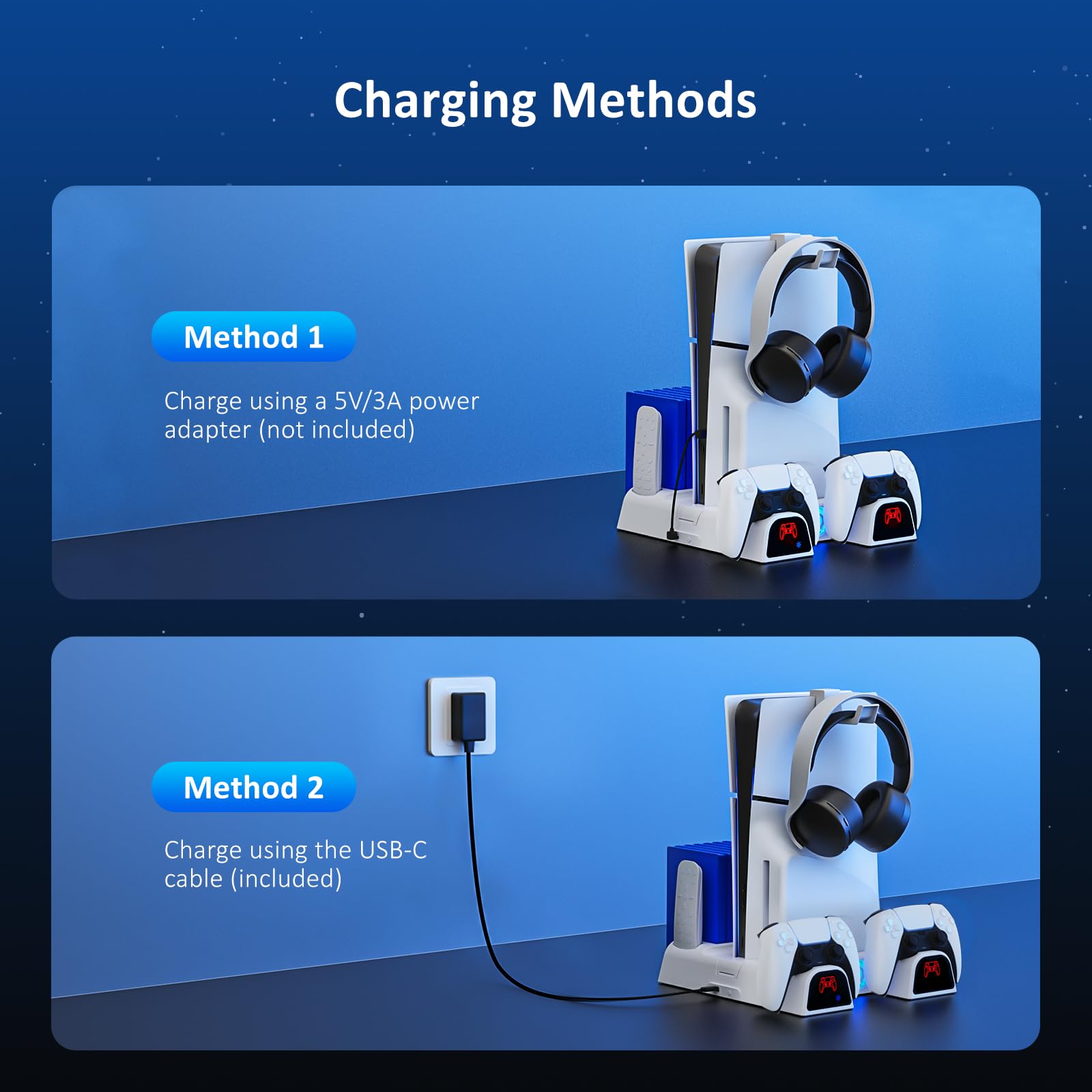 NexiGo PS5 / PS5 Slim Stand, Silent Cooling, Dual Controllers Charger for Playstation 5 Console, 3 Level Adjustable Fan Speed, PS5 / PS5 Slim Accessories, Headset and Remote Holder, White