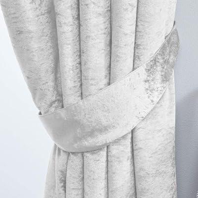 John Aird Crushed Velvet Eyelet Curtains White Pair with Tiebacks