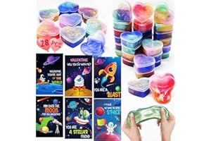 DINESIL 28 Packs Valentines Galaxy Slime with Space Valentines Cards, Valentines Slime Hearts Toys for Kids Valentine Classroom Exchange Cards, School Game Prizes, Valentines Party Favors