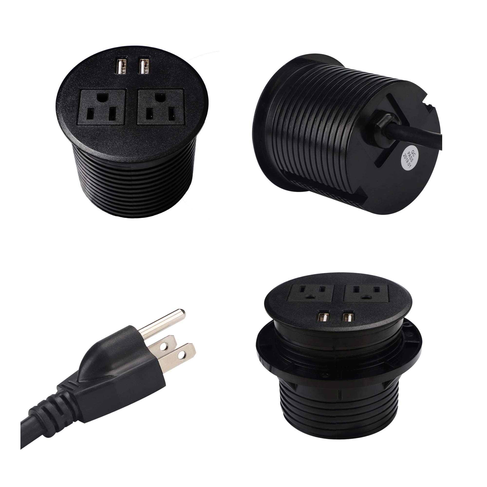 Leopardprintfans Desktop Power Outlet Hidden Power Grommet with 2 USB Charger and 2 Power Socket,Desk Hole Grommet Outlet with 6ft Extension Power Cords (Black)