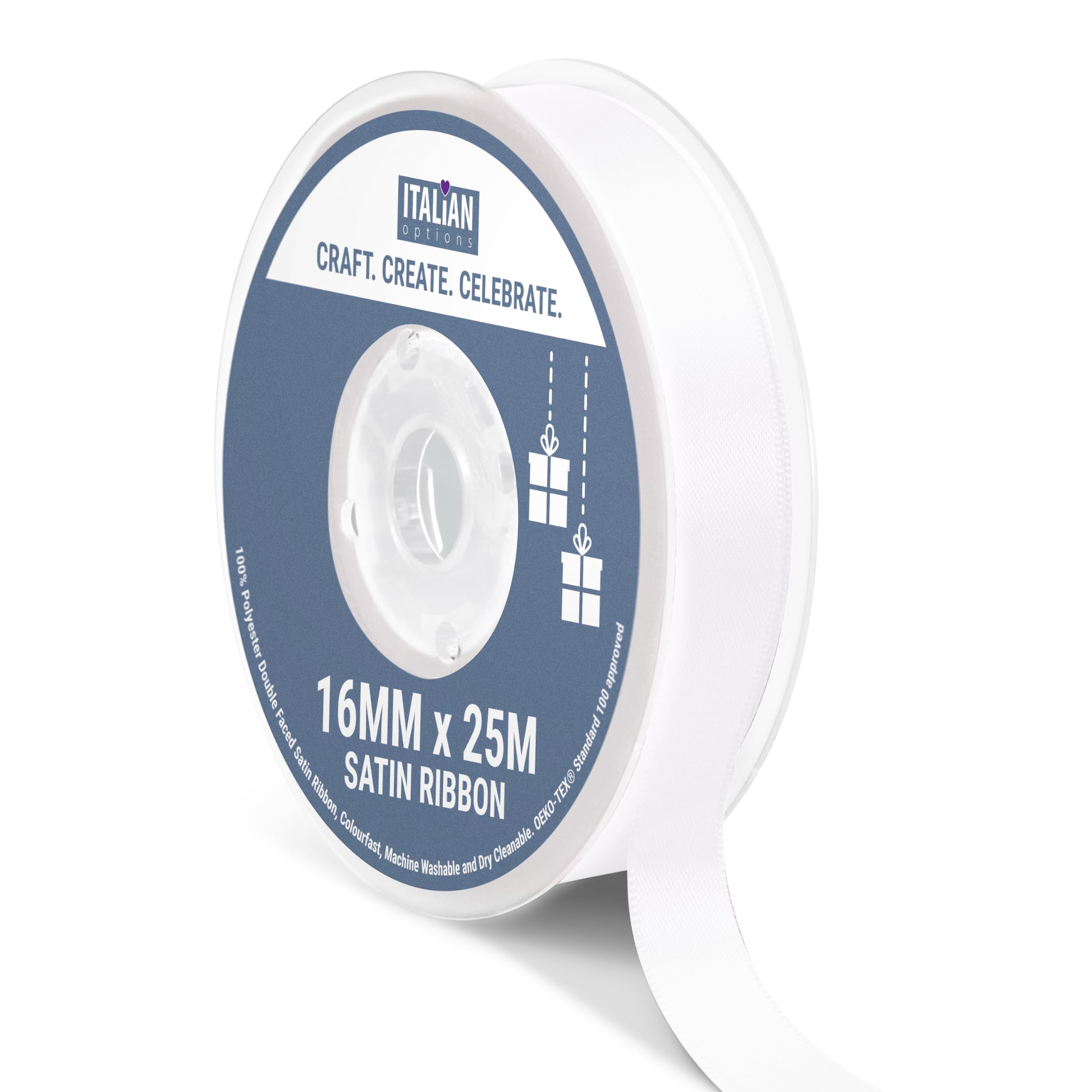 Italian Options Satin Ribbon, Fabric Ribbons for Gift Wrapping, Crafting, Balloons, Wedding Car, Presents, Cake, Christmas, Birthday, Gift Wrap Accessories, 16mm Wide x 25 Metre Roll, White