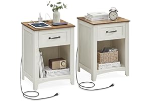 VASAGLE LIRY Collection - Farmhouse Nightstands with Charging Station, Set of 2 Bedside Tables, Side Tables with Drawer, Open Compartment, for Bedroom, Rustic White and Honey Brown ULET859K41