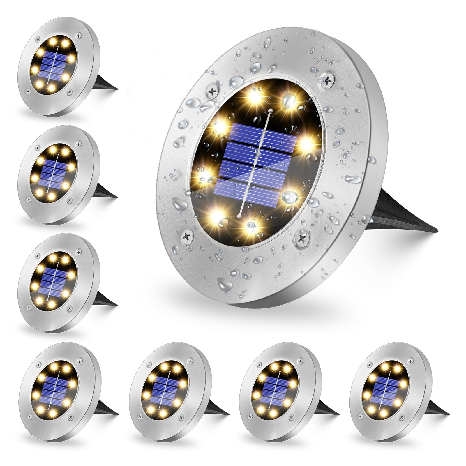 SCNNC Solar Ground Lights Outdoor Garden - 8 LEDs Warm White IP65 Waterproof Disk Pathway Lighting for Lawn, Yard, Patio, Landscape Decking - 8 Pack