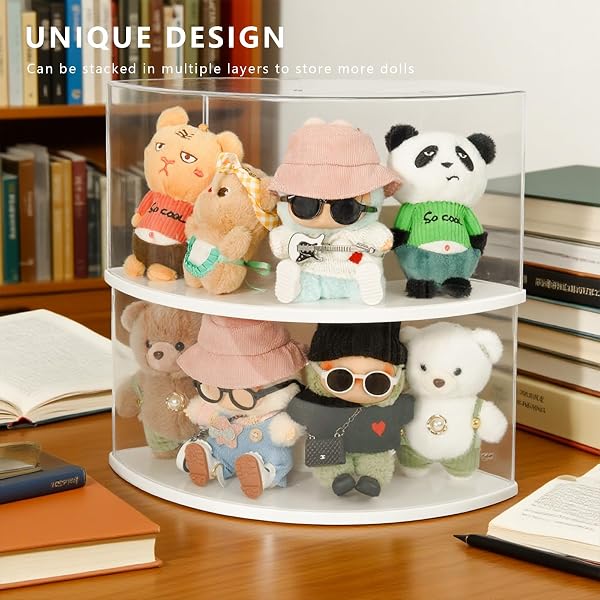 TREAYES ARC-SHAPED CLEAR DOLL DISPLAY CASE COMPATIBLE WITH LABUBU – CURVED CORNER STACKABLE ORGANIZER FOR 7 INCH COLLECTIBLES, DUST-PROOF TOY STORAGE BOX WITH TOP SHELF | NO ASSEMBLY NEEDED