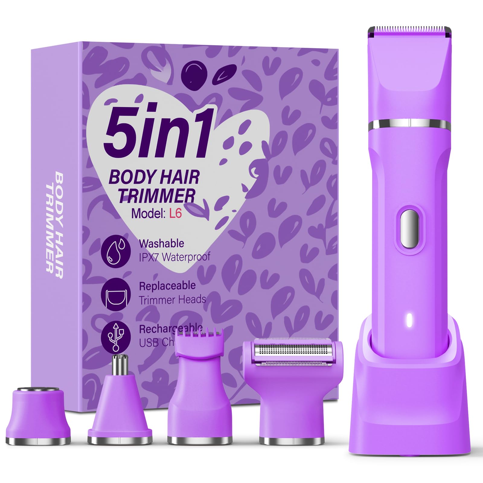 HOHOLE 5-in-1 Bikini Trimmer for Women, IPX7 Waterproof Electric Razors Shaver, Cordless Body Hair Trimmer, Facial & Pubic Hair Removal, Ceramic Blade (Purple) Image HOHOLE 5-in-1 Bikini Trimmer for Women, IPX7 Waterproof Electric Razors Shaver, Cordless Body Hair Trimmer, Facial & Pubic Hair Removal, Ceramic Blade (Purple) Image