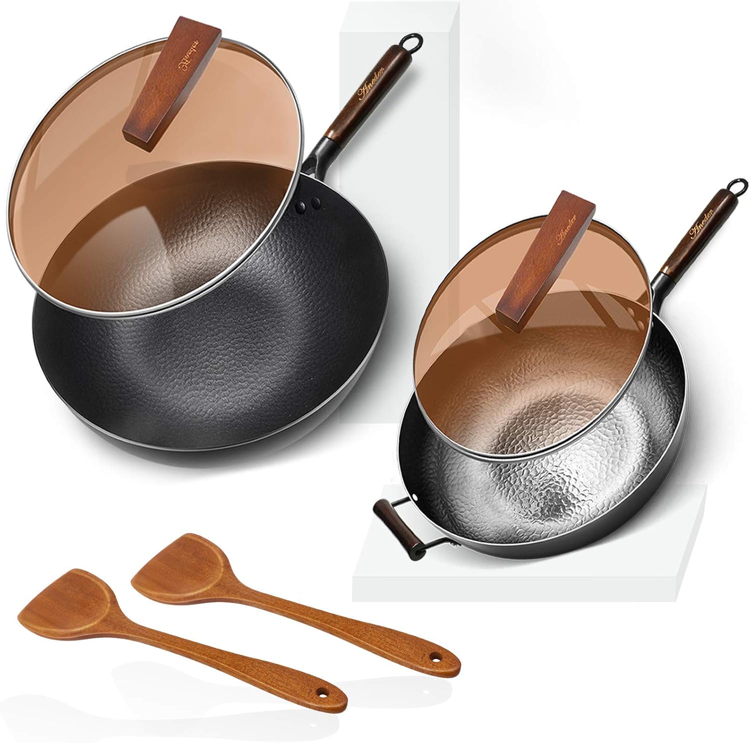 Wok Pan with Lid Carbon Steel Wok 12.5 Inch,Aneder 1pc Nonstick Wok