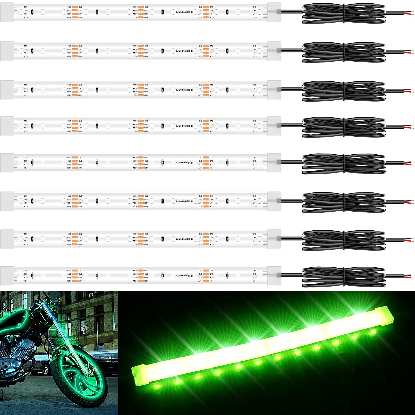 Pryeu 8-Pack 8" Green Motorcycle LED Strip Light 12V Waterproof IP68 for Car Truck Trailer Exterior Boats Kayak Sailboat