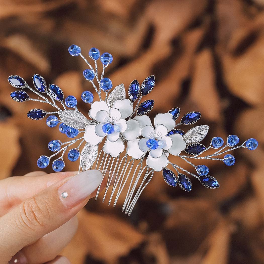 IYOU Flower Wedding Hair Comb Blue Crystal Bridal Hair Accessories Baroque Prom Bride Hair Pieces for Women