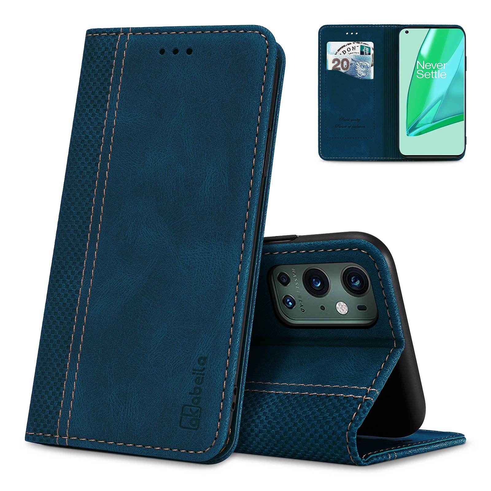 AKABEILA Case for OnePlus 9 Pro Premium Leather Flip Wallet Case with Magnetic Closure Kickstand Card Slots Folio Phone Case Cover Shockproof Blue