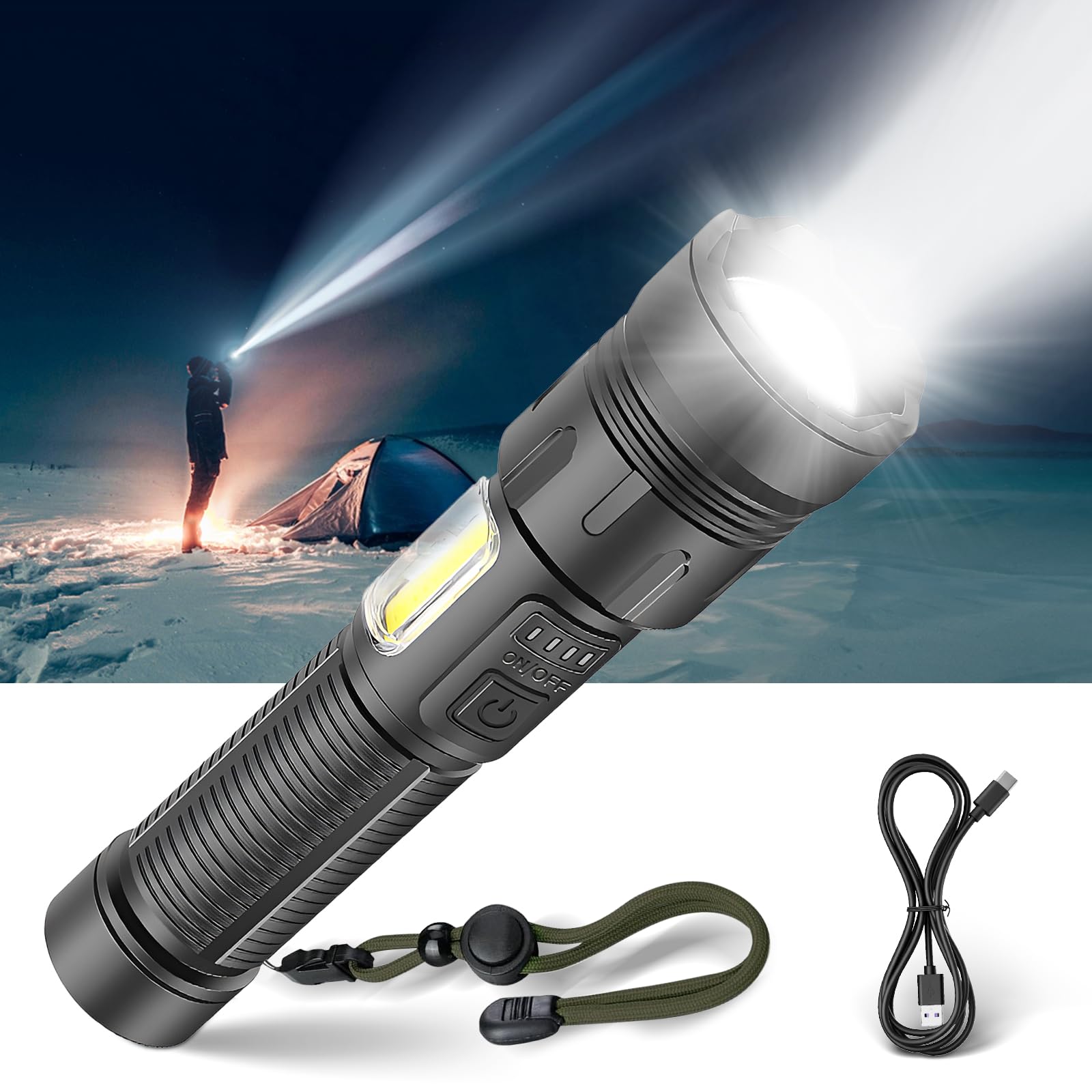 懐中電灯 防災【防災士監修・極高輝度・XHP160LED】5000mAh 最強 軍用 ledライト ハンディライト Type-C充電式 白・赤COB 高輝度 7モード調光 18650バッテリー付 アルミニウム合金 IPX6防水 ズーム式 耐衝撃2M 機能 自転車 停電 防災 地震 作業用 夜釣り キャンプ 登山 護身用 避難対策 夜間訓練 の商品画像