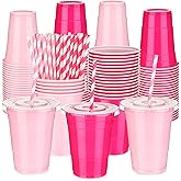 Teecyhooo 50 Set Valentine's Day Plastic Cups with Lids and Straws 16 oz Pink Fuchsia Disposable Beverage Drinking Cups for Wedding Birthday Bachelorette Party