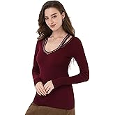 AmélieBoutik Women Rhinestone V Neck Solid Sweater Ribbed Knit Casual Blouse Tops