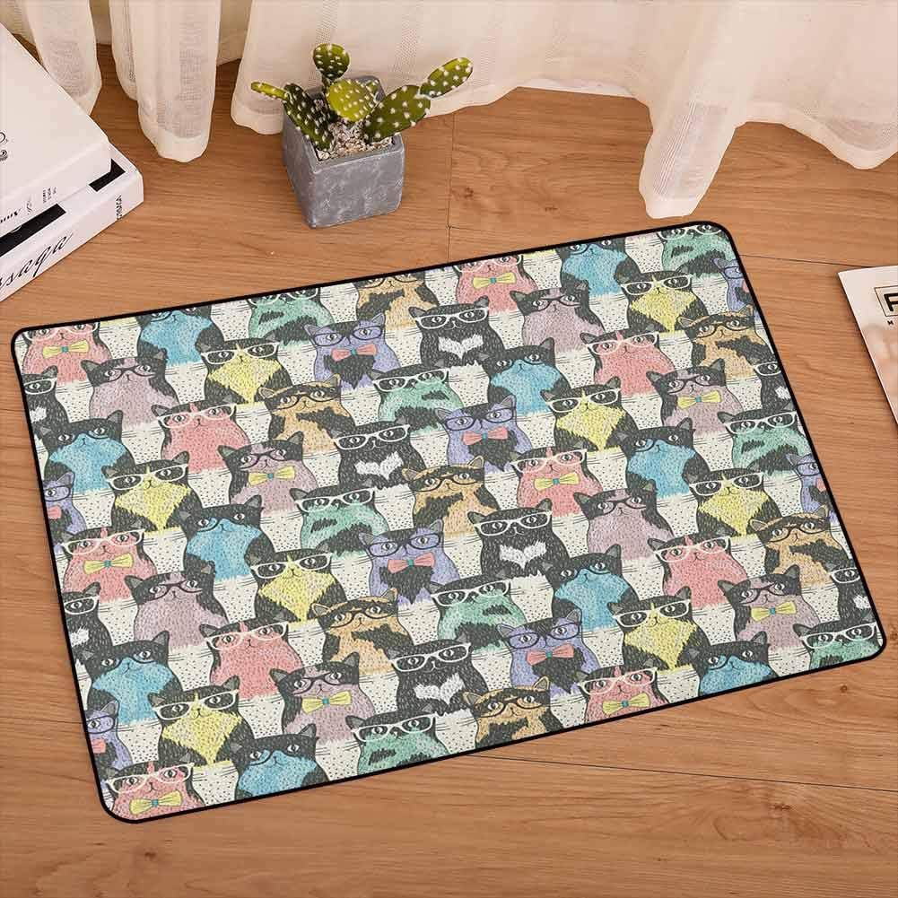 Funny Cartoon Small Mat Playful Hipster Cats with Glasses Colorful Clip Art Dotted Designed Print Carpet Fade and Wear Resistant for Dining Room Home Bedroom, W35 x L59 Multicolor