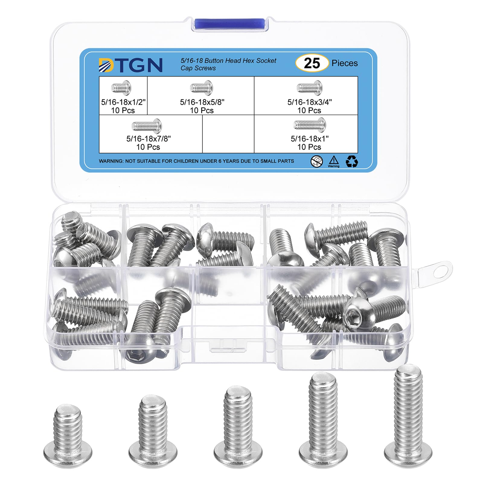 DTGN 25Pcs 5/16"-18 Button Head Socket Cap Screws Kit - 1/2" 5/8" 3/4" 7/8" 1" 304 Stainless Steel UNC Thread Hex Socket Cap Screw Assortment - Good for Machine, Furniture Repairing