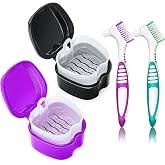 Denture Bath Case Denture Cleaning Cup with Brush Set, 2 Pack False Teeth Container Denture Storage Bath Box Case Retainer Holder Case with Strainer Basket and Lid Waterproof - Purple &amp; Black